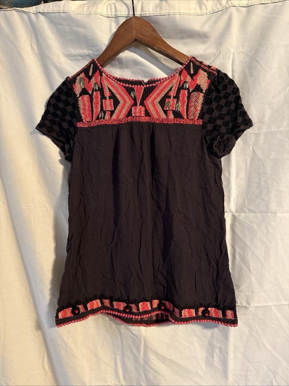 HD IN PARIS ANTHROPOLOGIE Top Womens 0 Blue Gauzy Embroidered Bohemian Peasant